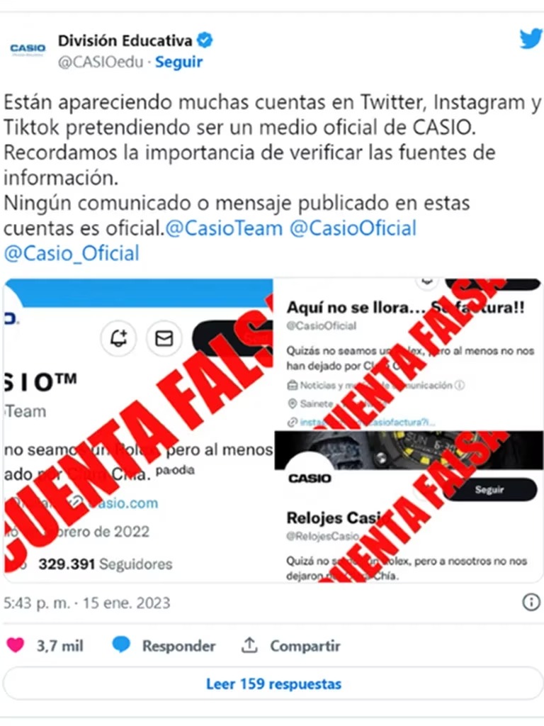 Cuentas falsas de Casio en Twitter luego de la Session #53 de Bizarrap con Shakira. (Captura)